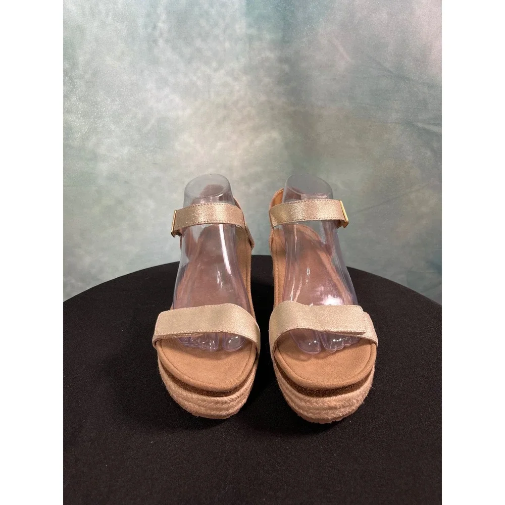 Aetrex‎ Sydney Champagne Gold Shimmer Leather Espadrille Wedge Sandals Womens 10